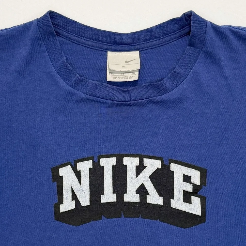 Vintage 90s Nike Graphic Tee Blue Spellout XL Gray Tag Made in Honduras T Shirt